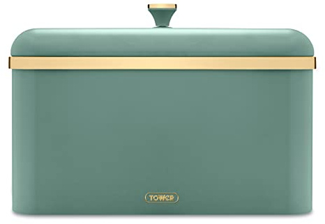 Tower Cavaletto Bread Bin with Removable Lid, Large Capacity, Durable Steel Body, Jade Green and Gold