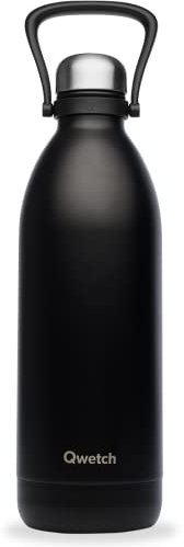 QWETCH - Große 2L Edelstahl Trinkflasche Schwarz Titan - Thermosflasche 48h Kalt & 16h Heiß - Auslaufsicher & BPA-frei - Isolierflasche mit Griff - Perfekt für Camping, Picknick & Familie