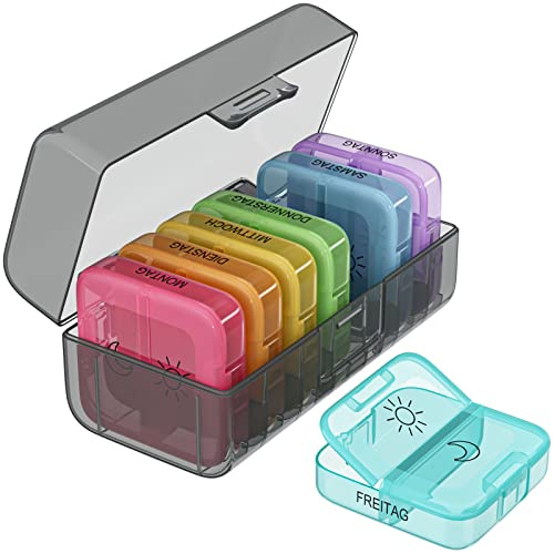 WELLGRO Tablettenbox für 7 Tage - Pillendose je 2 Fächer pro Tag - Klappdeckel mit Druckverschluss - Aufbewahrungsbox - BPA-freier Kunststoff, Farbe:Schwarz