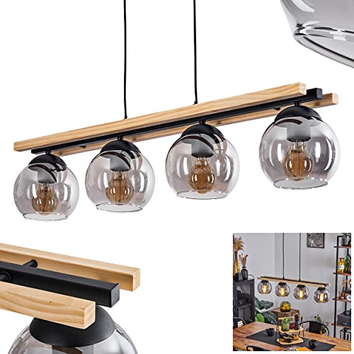 HOFSTEIN Hängeleuchte Podre, 4-flammige Hängelampe aus Metall/Holz/Glas in Schwarz/Natur/Rauch, moderne Pendelleuchte im Retro/Vintage-Design, Ø Schirme 15 cm, E27, Esszimmer, Küche, Wohnzimmer