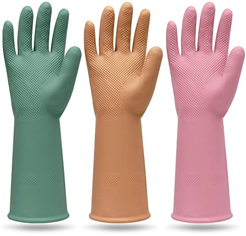 MAMISON 3 Pairs Colorful Reusable Waterproof Household Dishwashing Cleaning Rubber Gloves, Non-Slip Kitchen Glove (Medium)