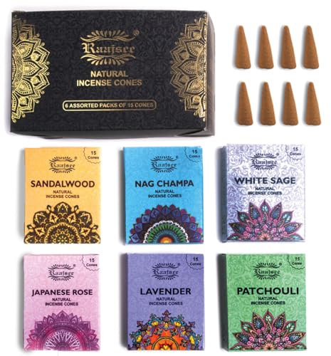 Raajsee Natürliche Räucherkegel, 6Stück, gemischte Düfte, Geschenkpackung, 15 Stück (90 insgesamt), 100 % biologisch, ungiftig, natürlich, handgerollt, frei von Chemikalien