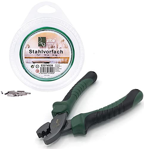Zite Fishing Klemmhülsenzange Angeln als Set/Spule Nylonummanteltes Stahlvorfach 6kg Tragkraft + Hülsen + Quetschhülsen Angelzange mit Gezahnten Backen