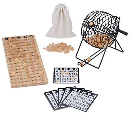 Relaxdays Bingo Spiel, Lostrommel, 75 Kugeln, 18 Karten, 150 Chips, Spielbrett, Kinder, Erwachsene, Holz, Natur/schwarz