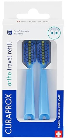 Curaprox CS 5460 Ortho-Reise-Ersatz, 2er-Pack, Blau, Swiss Made | Ortho-Bürstenköpfe, Reisezubehör Für Zahnspangenpflege, Ultrasanfte Reinigung