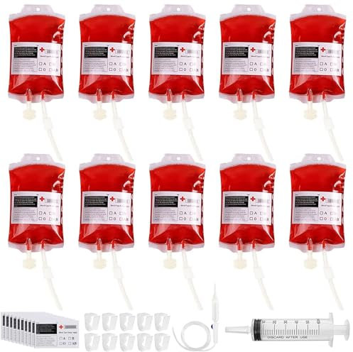 Halloween Trinkgefäß Blutbeutel, 10PCS Halloween Blutbeutel Zum Trinken Befüllen, Trinkbeutel Infusionsbeutel Trockeneis Für Getränke, Halloween Wiederverwendbare Blutbeutel Set für Halloween Deko