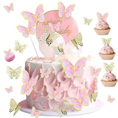 34 Piezas Mariposas para Decoración de Tartas, Adornos para Tartas de Mariposa, Mariposas Decoración de Pastel, para Decoración para Tarta de Cumpleaños para Fiestas de Cumpleaños Bodas Aniversarios