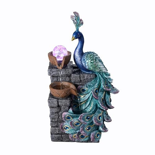 MAOCHI Tabletop Water Fountain Decor, Peacock with LED Glass Color Changing Globe,Relaxation Decorative Desktop Water Zen Fountain for Home/Office,Living Room Décor.13.78 Tall