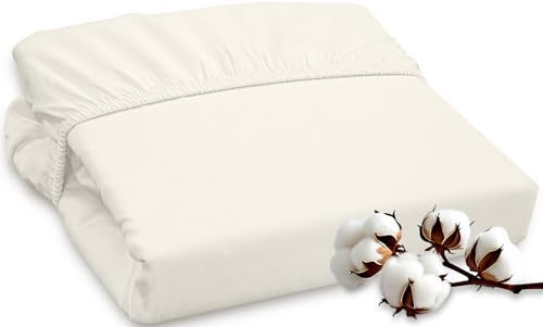 ROYALE LINENS 300 Thread Count 100% Long Staple Combed Cotton Fitted Sheet Queen - Super Soft Deep Pocket Bottom Sheet - Fitted Sheets Only - Elastic Sheets (Queen, Cream)