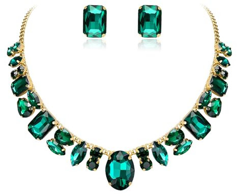 EVER FAITH Strass Halskette mit Ohrstecker, Grün Kristall Hochzeit Party Kostüm Statement Schmuck Sets für Damen