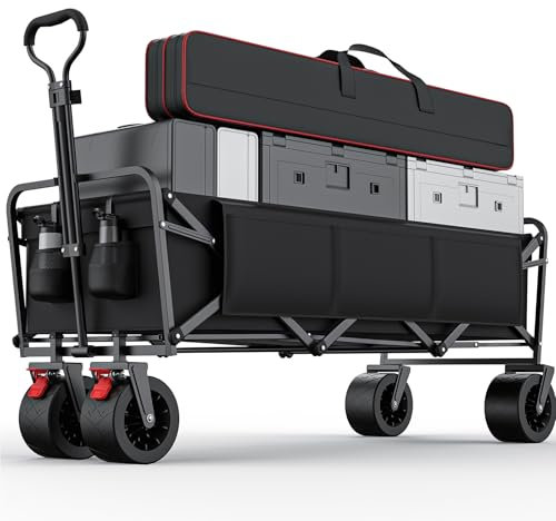 Morpilot Carro de Mano Large 150KG 250L, Carro de Jardín Plegable Ruedas Grandes, Carrito Plegable Transporte con Mango Ajustable para Jardín, Playa, Camping, Compras, Negro