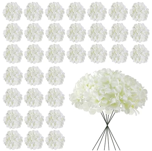 Cherica White Hydrangea Artificial Flowers Bulk, 30 Pcs Faux Hydrangea Flowers Heads, Artificial Fake Silk Hydrangea Flowers with Stems, White Flowers Artificial for Decoration Wedding Décor