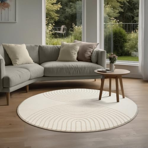 the carpet Elisa moderner Wohnzimmer Teppich, geometrisches Design, hohe Flordichte und angenehm weich, Creme, 120 cm Rund
