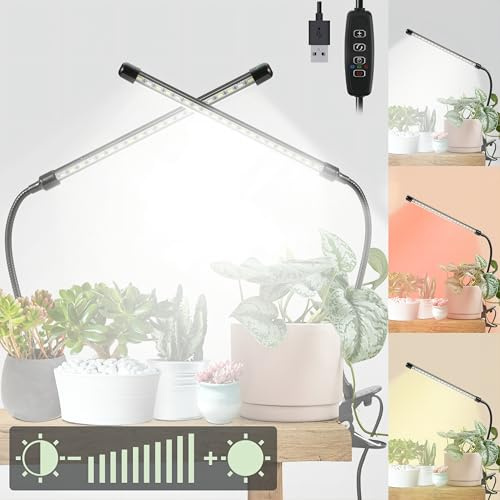 Bufccy Indoor Plant Grow Lights, 2 Pack Full Spectrum LED, 6000K, Auto On/Off Timer, 9 Dimming Levels, 360° Adjustable Gooseneck, White
