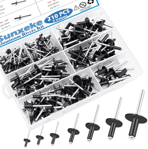 Sunxeke 210PCS Black Pop Rivets Assortment Kit,Includes 7 Sizes Large Flange Aluminum Rivets (1/8 inch 3/16 inch 1/4 inch) for DIY, Automotive Repairs,and More.Assorted Blind Rivets with Case
