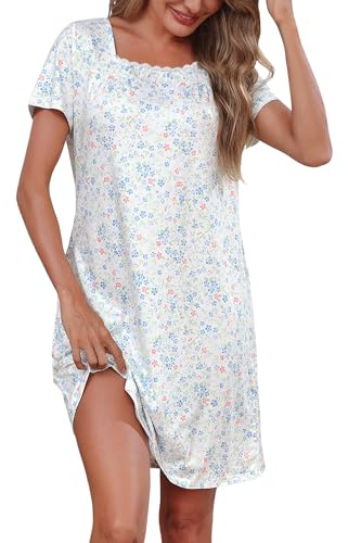 Litherday Chemise de Nuit Femme Manches Courtes en Coton Robe de Nuit en Dentelle Vêtements de Nuit Ample Confort Maison Ete