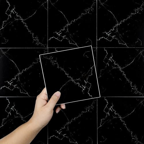 Hode 24pcs 20x20cm Black Marble Tile Stickers for Kitchen Bathroom Backsplash, Sticky Back Plastic Stick on Tiles Vinyl Transfers, Peel and Stick Self Adhesive Wall DIY, 6x6 inch