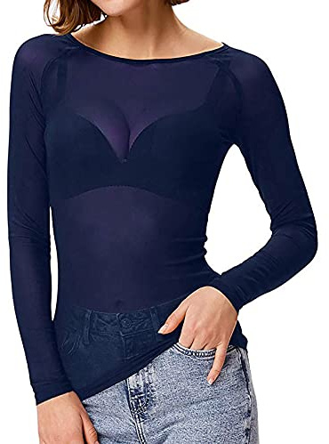 Mesh Long Sleeve Top Women Sexy Transparent T-Shirt Slim Fit Sheer Lace Tops Casual See Through Ladies Blouses Crew Neck Summer Shirts for Party Club Dance (UK, Alpha, XXL, Regular, Regular, Navy)