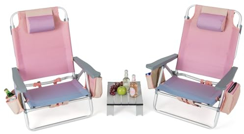 GIANTEX Klappstuhl Strandstuhl mit Tisch Set, klappbarer Gartenstuhl Campingstuhl Liegestuhl mit Verstellbarer Rückenlehne, Hochlehner mit Kopfstütze, Balkonstuhl Terrassenstuhl (Pink)