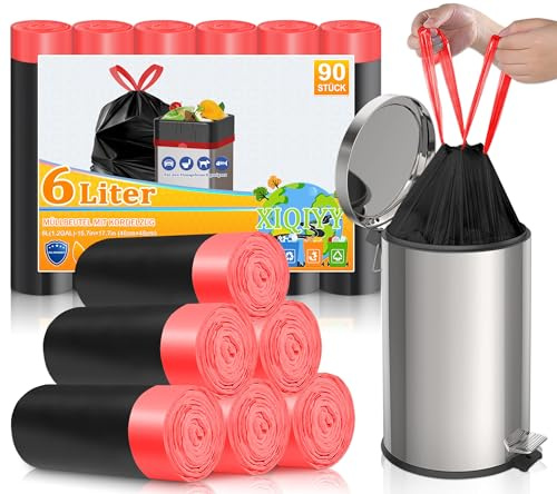 XIQIYY Müllbeutel 5 – 8 l mit Griffen – schwarze Müllbeutel, robust, 90 Stück