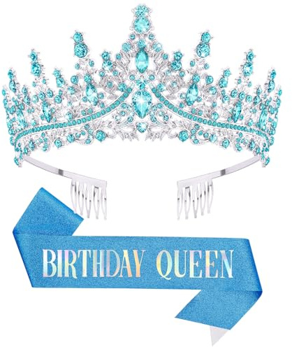 DRESHOW Corona e Fusciacca di Compleanno per Donna Fascia da Regina del Compleanno e Diadema di Strass Set di Diademi e Fusciacche per Ragazze Decorazioni per Capelli Accessori Scintillanti per Festa