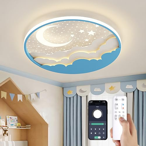 YZBEIMDAI LED Kinder Deckenlampe, 50cm Dimmbar Stern Mond Deckenleuchte Für Kinder mit Fernbedienung＆APP, mit Nachtlichtfunktion,Timer, Junge Mädchen Schlafzimmer,Blau