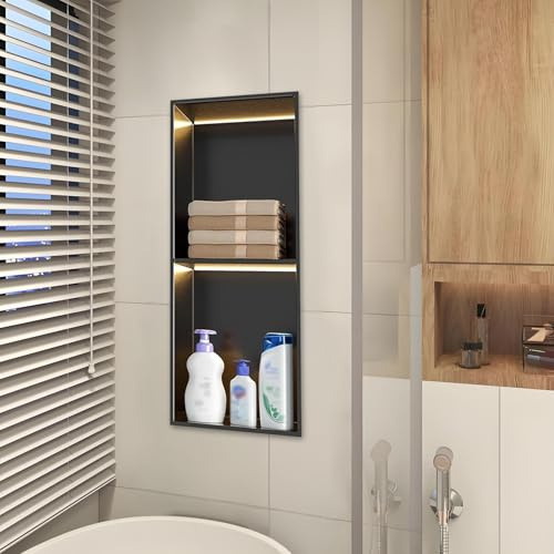 Doccia moderna nera opaca con luce a LED, facile installazione senza piastrelle, mensola da bagno da incasso per riporre e organizzare in modo elegante