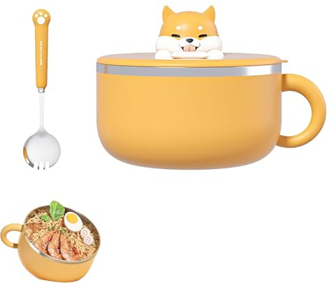 Ramen pastaskål, 1 200 ml ramenskål, soppskålar med handtag, bärbar snabbserveringsskål med lock och sked, omedelbar pastaskål med lock för soppa, nudlar (gul)