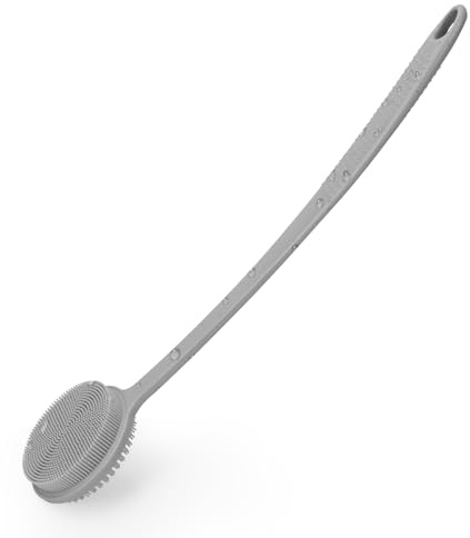 Ryggborste dusch, silikon ryggborste med långt handtag exfolierande kroppsborste rygg silikon kropp skrubb badborste massageborste kropp lymfdräneringsborste för kvinnor, män, grå