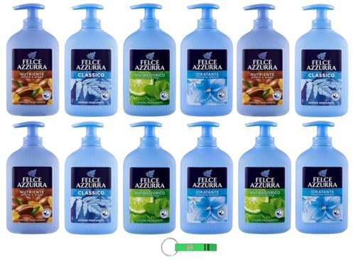 Felce Azzurra Sapone Liquido Kit Test 12 x 300 ml - 4 diverse fragranze - Ideale per mani e viso + Portachiavi Beni Culinari