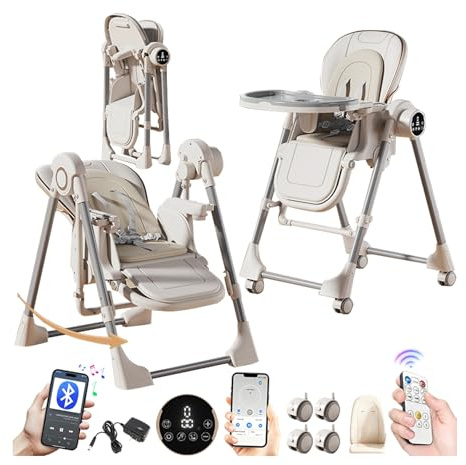 MoLi Elettrico Bluetooth Intelligente Pelle PU Seggiolone, Seggiolino Pappa Sedia con Funzione di Dondolo, Seggiolone Pappa Vassoio a Doppio Strato (E8121 White)