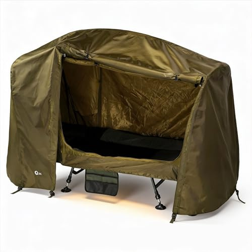 Überzelt für Karpfenliegen bis 210 cm – Bedchair Cover mit Moskitonetz – 210D PU-beschichtetes Zeltmaterial – Zelt für Angelliege – inkl. Tragetasche & Heringe – Liege Nicht enthalten