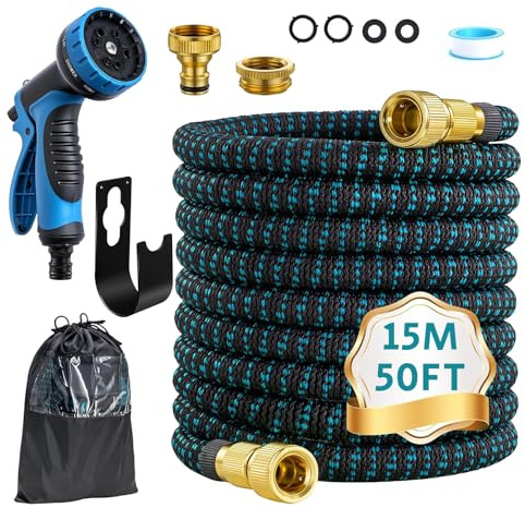 POP lina Tuyau Arrosage Extensible 15m, Tuyau D’arrosage Extensible avec 1/2 et 3/4 Adaptateurs, 10-Modes d'Arrosage, Tuyau Arrosage pour Irrigation, Jardin, Nettoyage