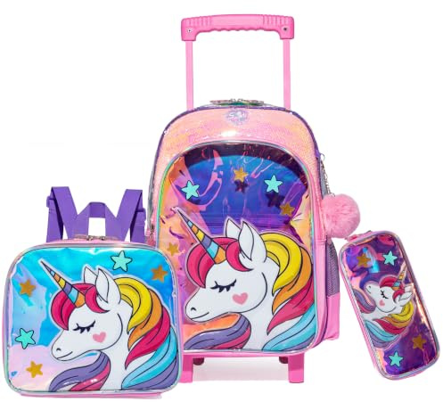 HTgroce Cartable Fille Primaire roulettes, 3 en 1 Cartable Fille Sac à Dos Combinaison Comprend Un Sac à Lunch et Un étui à Crayons