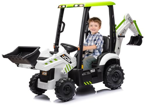 12V Electric Ride on Tractor for Kids with Remote Control 2.4G, 4-in-1 Excavator Digger Toy with Shovel & Bulldozer, Horn, Removable Roof, 2-4 Km/h, Battery Powered Car for Boys Girls Age 3+
