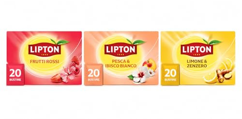 Lipton Infusi alla Frutta x3, Frutti Rossi, Pesca e Ibisco Bianco, Limone e Zenzero, 60 Filtri Totali, Naturalmente Senza Caffeina