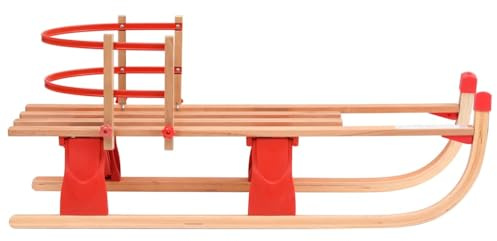 Trineo plegable de madera de 119 cm con respaldo, trineo de madera plegable con patines de metal y cuerda de tracción, trineo de invierno robusto para niños