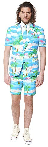 Opposuits Men's Summer Suit - Tropical Flamingo Outfit - Slim Fit - Includes Short Sleeved Blazer - Shorts - and Tie