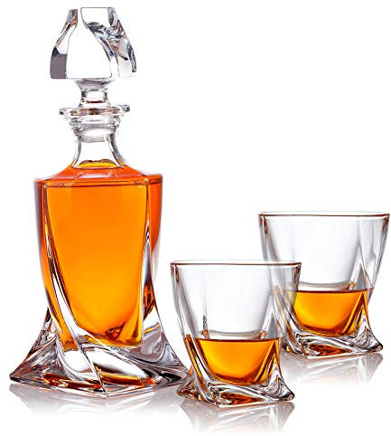 Lot de 3 carafes à whisky - Coffret cadeau en verre - Décanteur à whisky 800 ml avec 2 verres à whisky de 300 ml pour rhum, scotch, cognac - Idée cadeau pour homme - Avec boîte cadeau