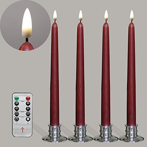 NONNO&ZGF LED Neue Flimmer Flammen-Technologie Stabkerzen mit Fernbedienung und Timer-Funktion, 4 Rotwein Kegelkerzen mit 4 silbernen Kerzenhaltern