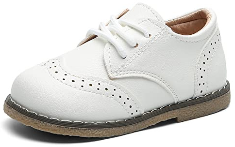 DADAWEN Toddler Boys Girls Dress Shoes - Comfort Oxford Shoes for Wedding, Church, School Uniform - Lace Up Loafers Flats (Little Kid) White US Size 7 M