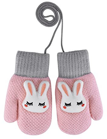 Strickhandschuhe Junge Mädchen Fäustlinge Plüschfutter Winterhandschuhe Winddichte Fausthandschuhe mit Schnur Cartoon Kinderhandschuhe Outdoor Sport Thermohandschuhe Handwärmer für 4-8 Jahre Kinder