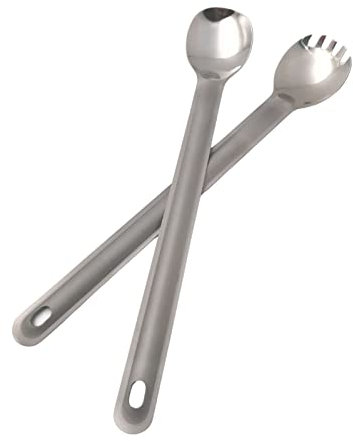 RISON Titanium Spork and Spoon Set With Polished Bowl Long Handle Flatware, 2 Pcs 8.66” Titanium Spork and Titanium Spoon Ultra Lightweight Camping Cutlery for Backpacking or Hiking Outdoors
