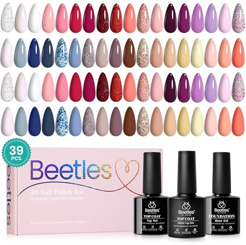 Beetles UV Nagellack Set, 39 Stück Lingering Kollektion Gel Polish 36 Farben Rosa Rot Lila Mädchenhaft Elegant Funkelnd Glitzernd mit 3 Stück Basis-Matt-Decklack Set Christmas Maniküre DIY für Frauen