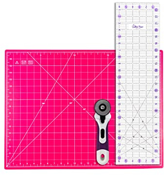 The Quilted Bear 18 x 24 Heavy Duty Self Healing 5 Layer Cutting Mat with 6.5 x 24 Non-Slip Ruler & 45mm Ergonomic Soft Grip Rotary Cutter (Pink)