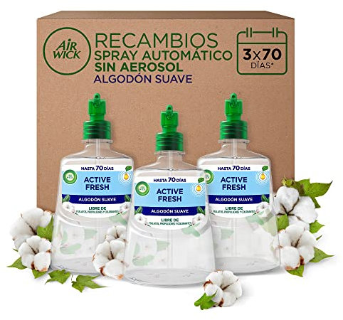 Air Wick Active Fresh Spray Automatico Sin Aerosol - Ambientador para casa con Aroma a Algodón - Pack de 3 Recambios (228mlx3)