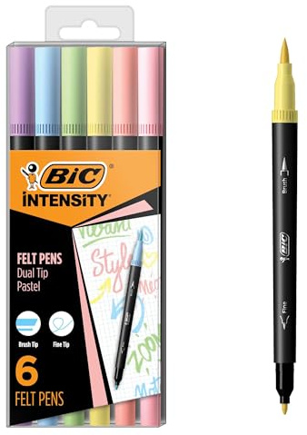BIC Intensity 2 in 1 Dual Tip Fineliner Pens, Fine Tip (0.7mm) and Flexible Brush (3.7mm), Assorted Pastel Colors, 6-Count Pack