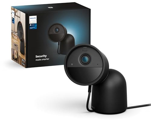 Philips Hue Secure Cámara de Video Vigilancia Inteligente con Base, para Exteriores o Interiores, Versión con Cable, Full HD Video, Control de Seguridad e Iluminación en Una Sola App, Negro