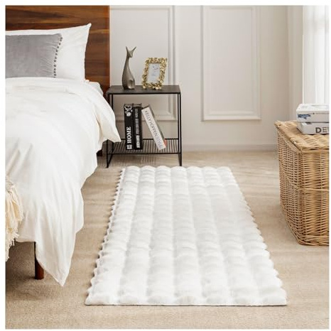 Ashler Faux Rabbit Fur Rug, White 2x6 FT Fluffy Soft Runner Area Rugs, Rectangle Fuzzy Carpet for Living Room, Bedroom, Machine Washable - 3D Bubble Mat