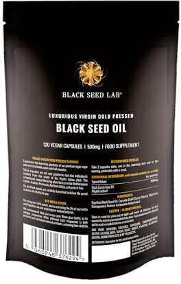 Black Seed Oil - 120 Vegetarian 500mg Softgel Capsules - Luxurious Egyptian Cold Pressed Nigella Sativa Plant Producing Black Cumin Seed Oil - Non-GMO - Made by BLACK SEED LAB in UK - Pouch